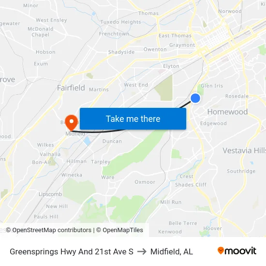Greensprings Hwy And 21st Ave S to Midfield, AL map
