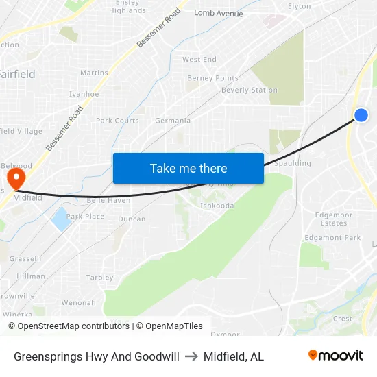 Greensprings Hwy And Goodwill to Midfield, AL map