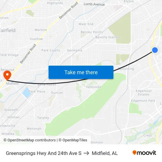 Greensprings Hwy And 24th Ave S to Midfield, AL map