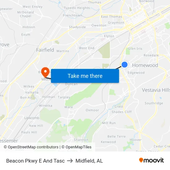 Beacon Pkwy E And Tasc to Midfield, AL map