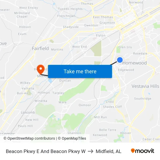 Beacon Pkwy E And Beacon Pkwy W to Midfield, AL map
