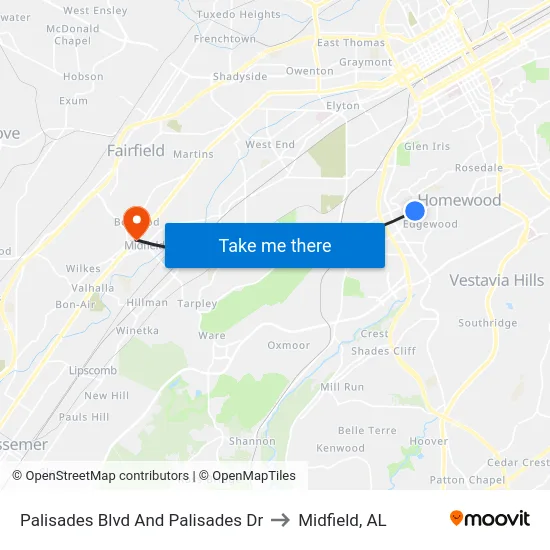 Palisades Blvd And Palisades Dr to Midfield, AL map