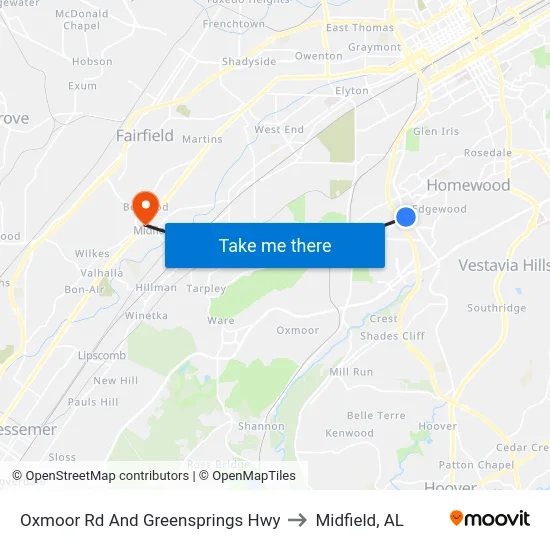 Oxmoor Rd  And Greensprings Hwy to Midfield, AL map