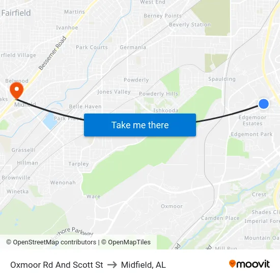 Oxmoor Rd And Scott St to Midfield, AL map