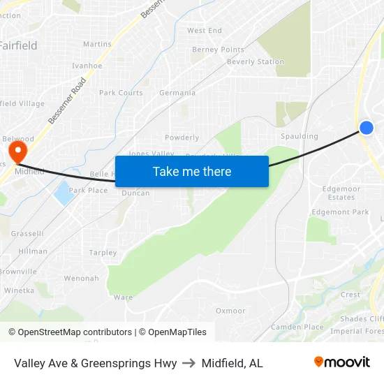 Valley Ave & Greensprings Hwy to Midfield, AL map
