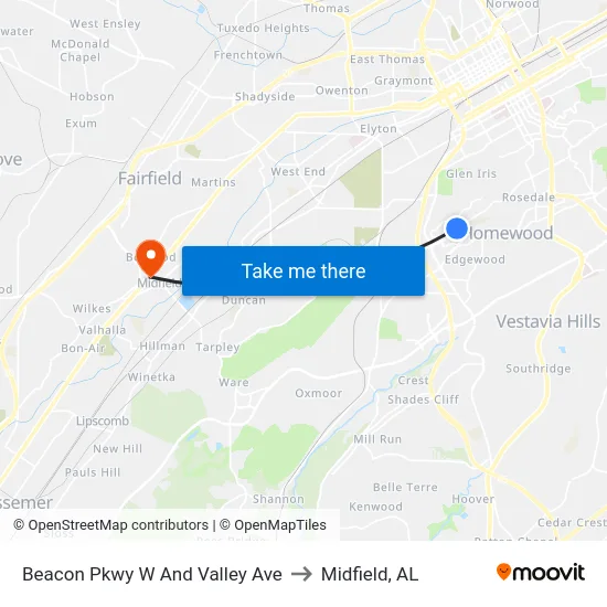 Beacon Pkwy W And Valley Ave to Midfield, AL map
