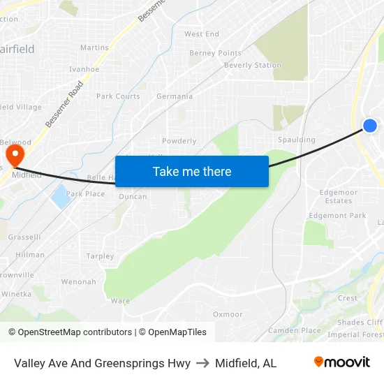 Valley Ave And Greensprings Hwy to Midfield, AL map