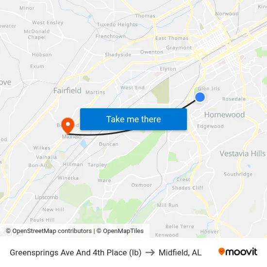 Greensprings Ave And 4th Place (Ib) to Midfield, AL map