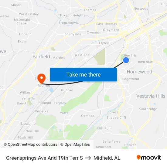 Greensprings Ave And 19th Terr S to Midfield, AL map