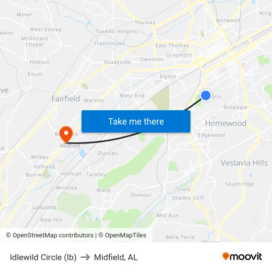 Idlewild Circle (Ib) to Midfield, AL map
