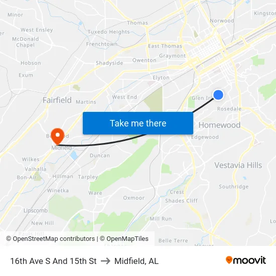16th Ave S And 15th St to Midfield, AL map