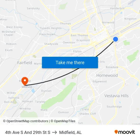 4th Ave S And 29th St S to Midfield, AL map
