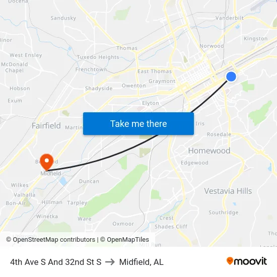4th Ave S And 32nd St S to Midfield, AL map