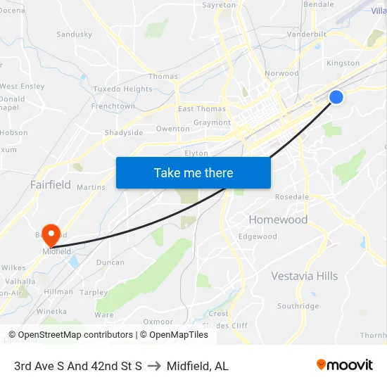 3rd Ave S And 42nd St S to Midfield, AL map