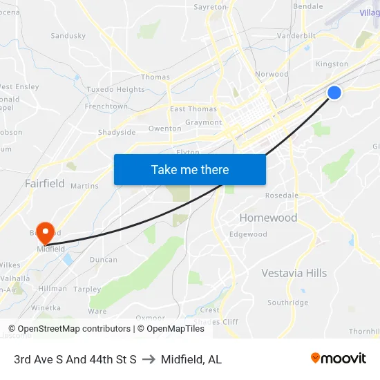 3rd Ave S And 44th St S to Midfield, AL map