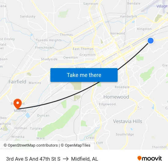 3rd Ave S And 47th St S to Midfield, AL map