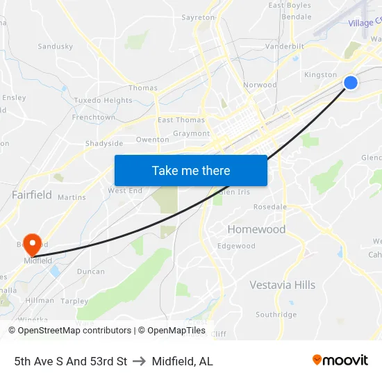 5th Ave S And 53rd St to Midfield, AL map