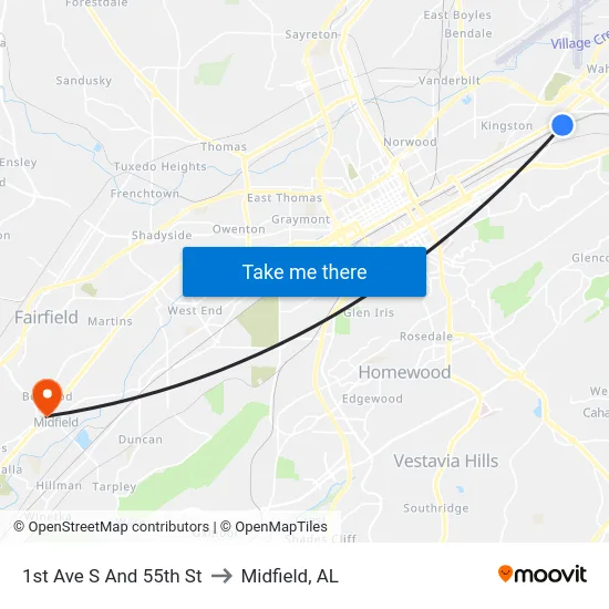 1st Ave S And 55th St to Midfield, AL map