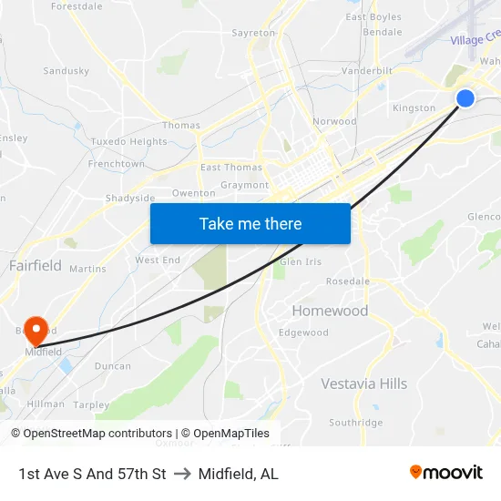 1st Ave S And 57th St to Midfield, AL map