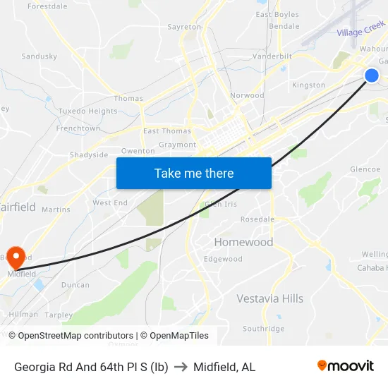 Georgia Rd And 64th Pl S (Ib) to Midfield, AL map