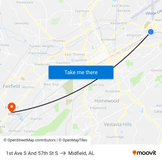 1st Ave S And 57th St S to Midfield, AL map