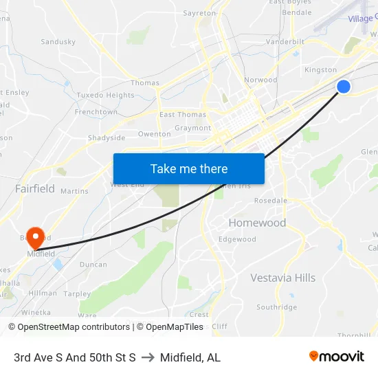 3rd Ave S And 50th St S to Midfield, AL map
