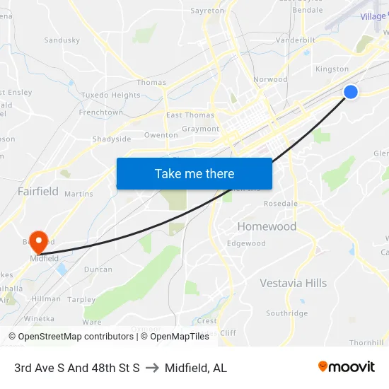 3rd Ave S And 48th St S to Midfield, AL map