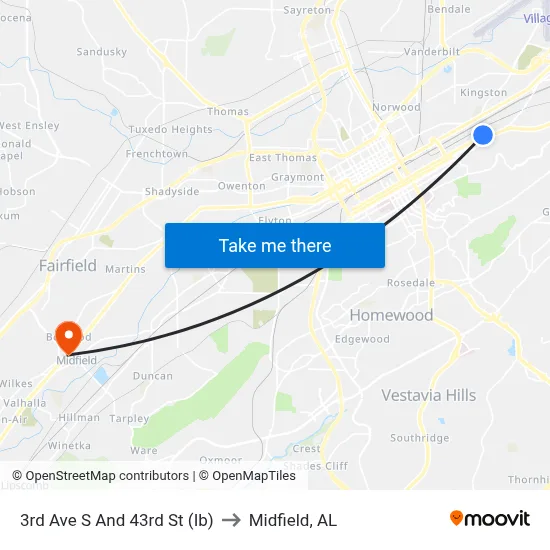3rd Ave S And 43rd St (Ib) to Midfield, AL map