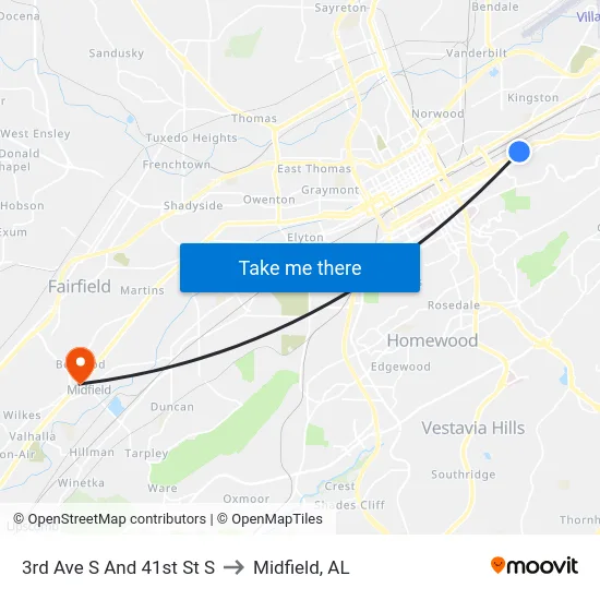 3rd Ave S And 41st St S to Midfield, AL map