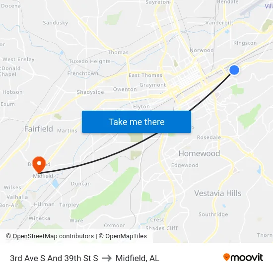3rd Ave S And 39th St S to Midfield, AL map