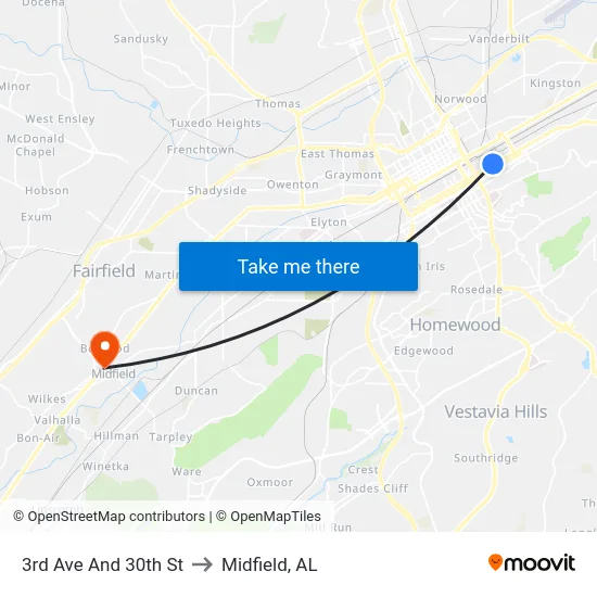 3rd Ave And 30th St to Midfield, AL map