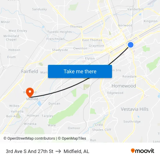 3rd Ave S And 27th St to Midfield, AL map