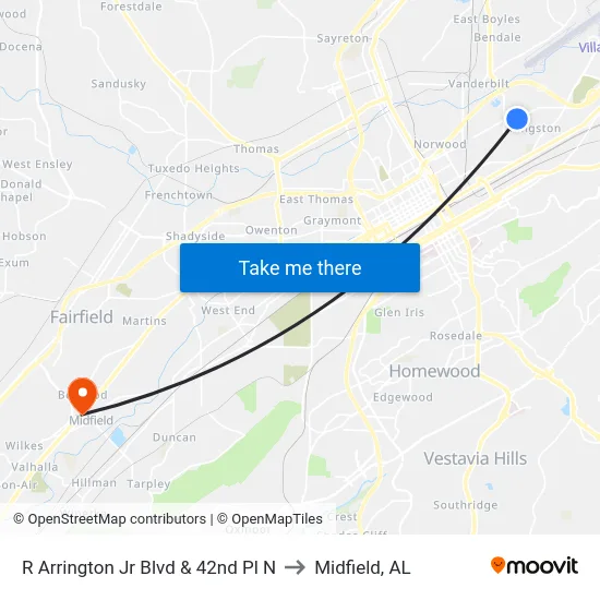R Arrington Jr Blvd & 42nd Pl N to Midfield, AL map