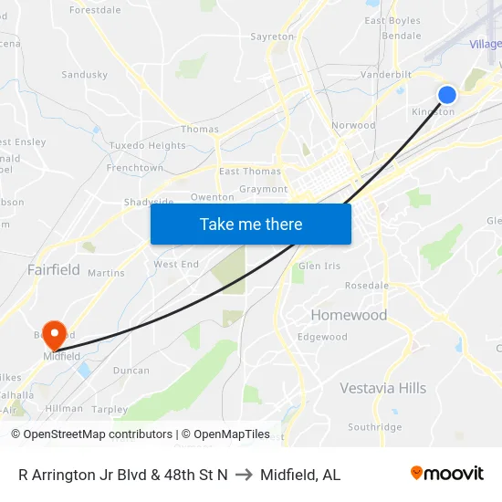 R Arrington Jr Blvd & 48th St N to Midfield, AL map