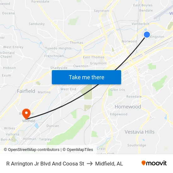 R Arrington Jr Blvd And Coosa St to Midfield, AL map