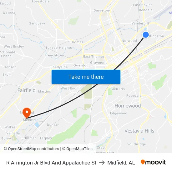R Arrington Jr Blvd And Appalachee St to Midfield, AL map