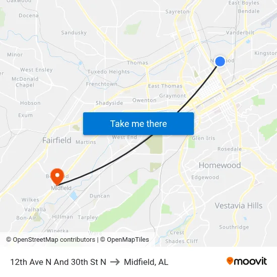 12th Ave N And 30th St N to Midfield, AL map
