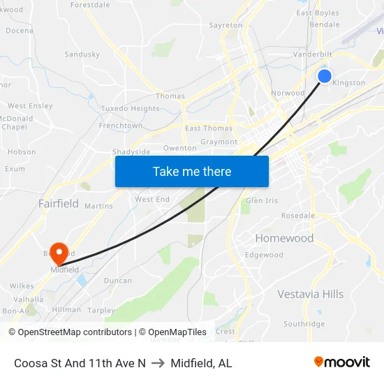 Coosa St And 11th Ave N to Midfield, AL map
