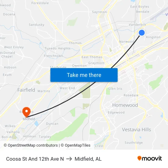 Coosa St And 12th Ave N to Midfield, AL map