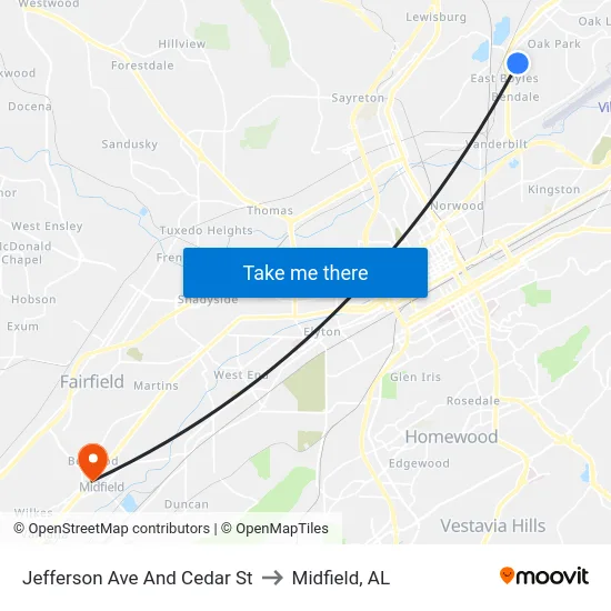 Jefferson Ave And Cedar St to Midfield, AL map