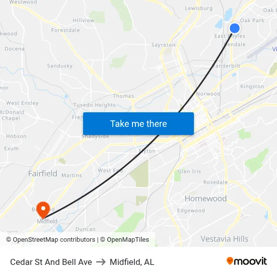 Cedar St And Bell Ave to Midfield, AL map