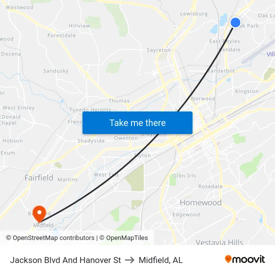 Jackson Blvd And Hanover St to Midfield, AL map