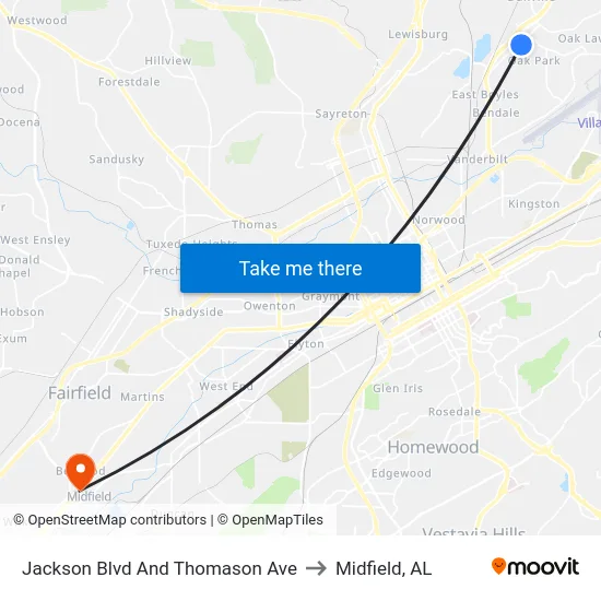 Jackson Blvd And Thomason Ave to Midfield, AL map