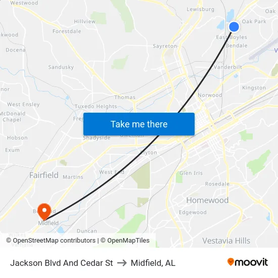 Jackson Blvd And Cedar St to Midfield, AL map