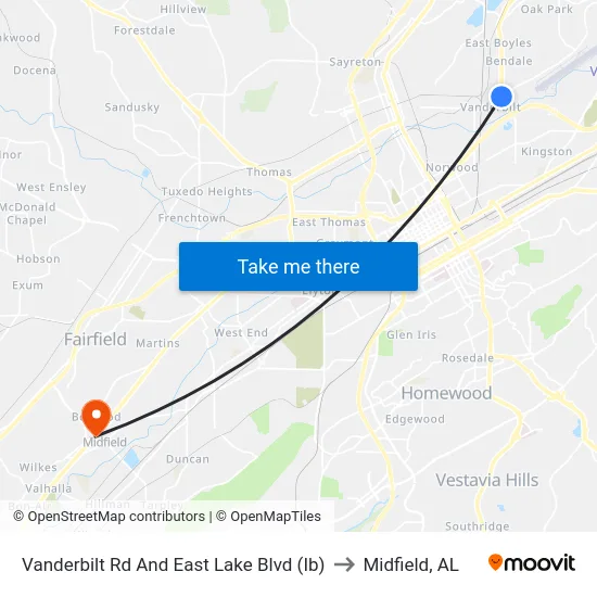 Vanderbilt Rd And East Lake Blvd (Ib) to Midfield, AL map