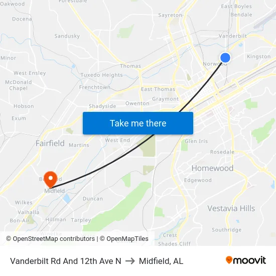 Vanderbilt Rd And 12th Ave N to Midfield, AL map