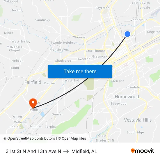 31st St N And 13th Ave N to Midfield, AL map