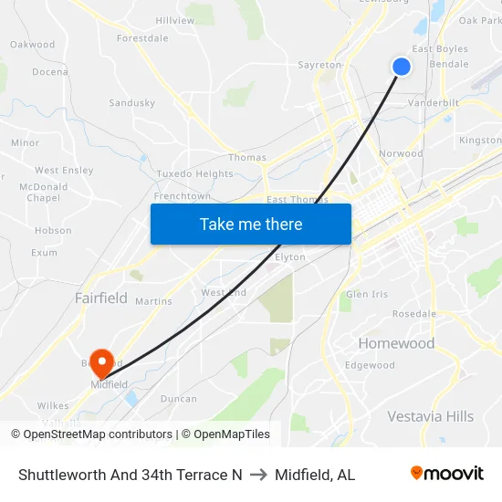 Shuttleworth And 34th Terrace N to Midfield, AL map