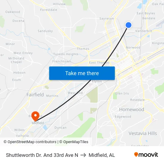 Shuttleworth Dr. And 33rd Ave N to Midfield, AL map