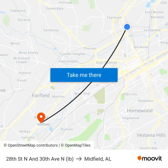 28th St N And 30th Ave N (Ib) to Midfield, AL map